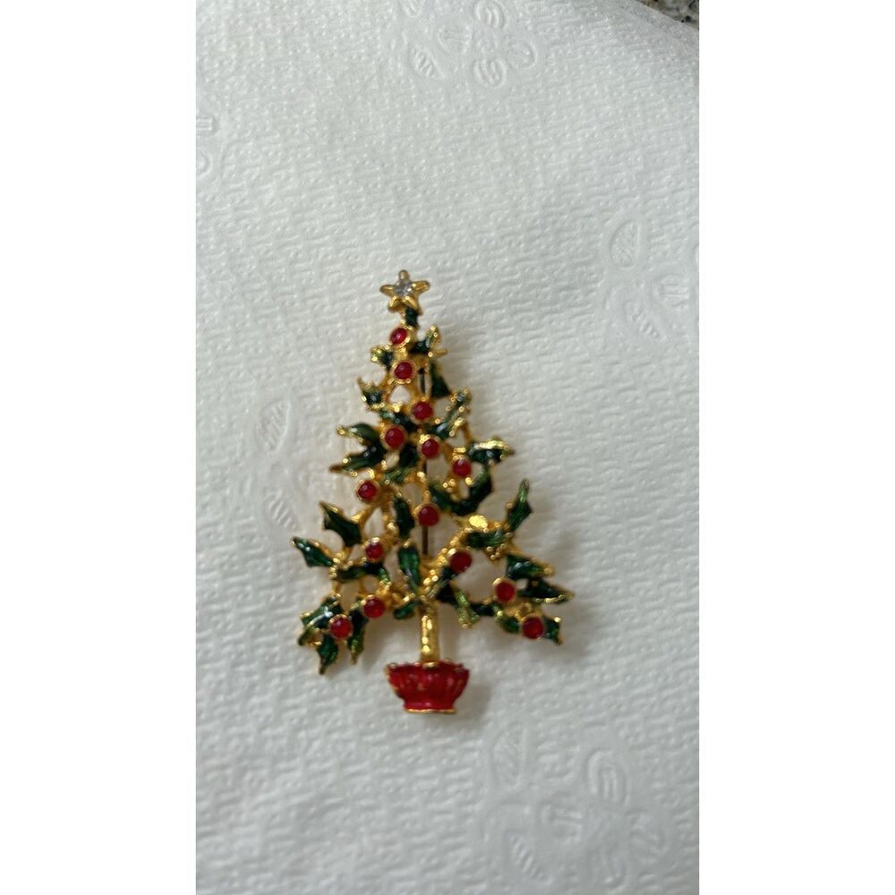 Vintage Christmas Tree Brooch Pin Gold Color with Red Round Crystals